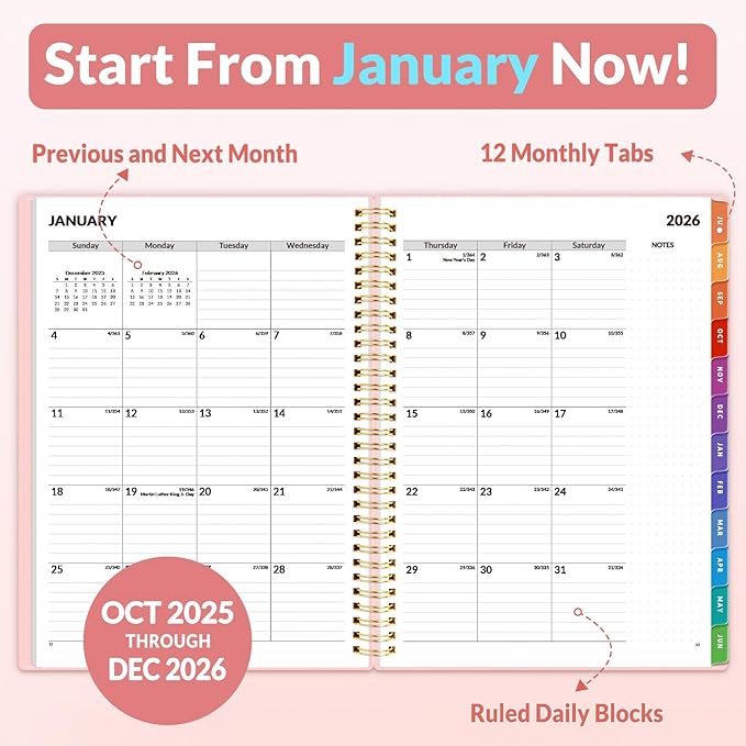 SUNEE 2026 Weekly and Monthly Planner - from January 2026 - December 2026, Daily Agenda Planner with Monthly Tab, Flexible Cover, Note Pages, Pockets, Bookmark, Spiral Binding, Pink, 8.5"x11"