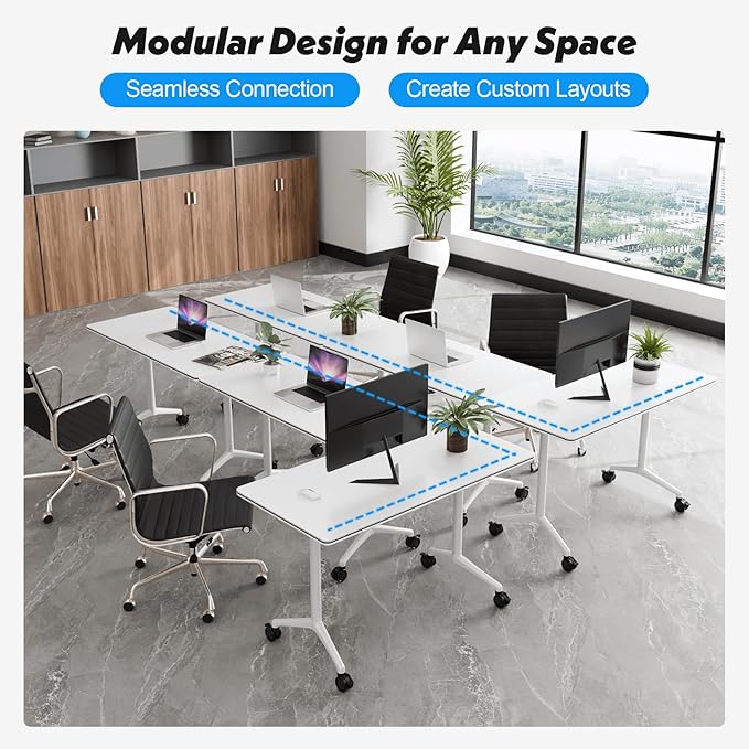 Goakwwuz Conference Room Table, Folding Conference Tables,Thicken Grey Tabletop,Flip Top Wooden Seminar Meeting Room Table for Conference Room Offices (4, White, 61.0“)