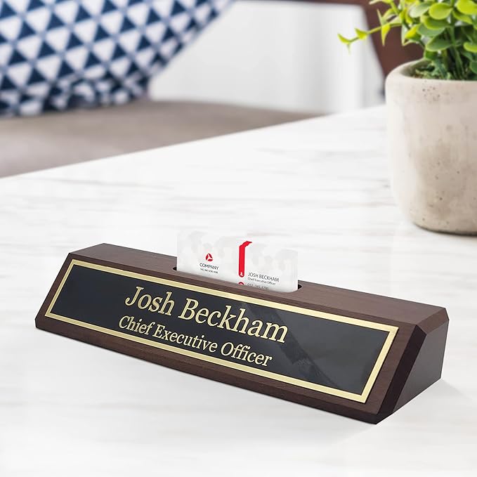 Business Wood Name Plate for Desk | Custom Desk Name Plate Personalized Gift for Office, The Perfect Engraved Name Plaque by Engraving International (2" x 10" with Card Holder, Walnut Wood)
