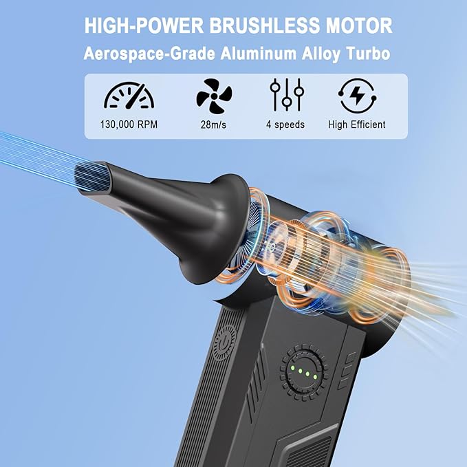 Compressed Air Duster- 130000 RPM Brushless Motor,15W Fast Charge,4-Speed Adjustable Electric Air Duster, Rechargeable Mini Duster Blower for PC,Keyboard,Car,Outdoors,Home and Snow Clearing,(Black-01)