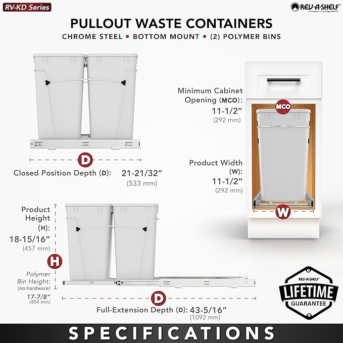 Rev-A-Shelf Pullout Trash Can for Under Kitchen Cabinets 27 Qt Garbage Waste Recycling Bin with Full Extension Slides, White, RV-15KD-11C S