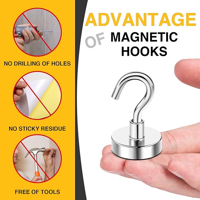 DIYMAG Magnetic Hooks, 50 LB Heavy Duty Magnet with Hook, 10 Packs Strong Rare Earth Neodymium Magnets for Hanging, Magnetics Hanger for Curtain, Home, Kitchen, Workplace