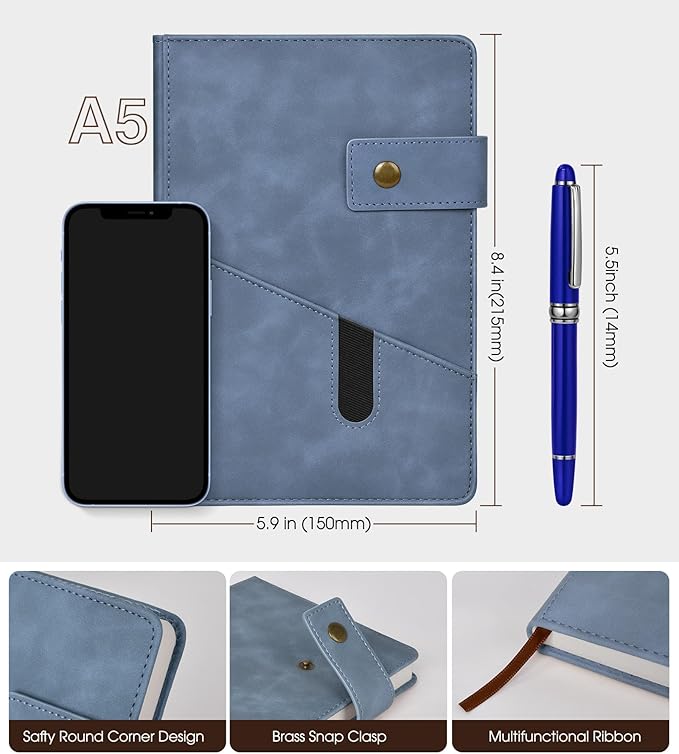 vfaejll A5 Lined Leather Journal Notebook,Hardcover Journal Set with Pen and Gift Box,100Pages 100gsm Thick Ruled Paper Daily Diary for Men Women School,Travel,Business,Work,Writing 5.9" X 8.4"