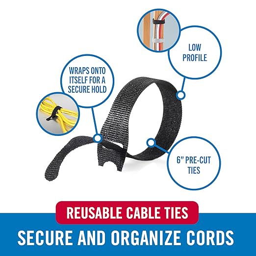 Velcro Brand Reusable Cable Ties – Valentines Day Gifts for Men, 100 Pack 6 Inch Cable Management Ties, Cord Wraps for Electrical Cords, Black