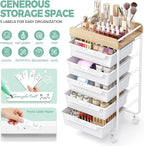 Rolling Storage Utility Cart With 5 Drawers,Craft Cart with Wheels,Makeup Organizer,Art Supply And Storage Wooden Tabletop,White