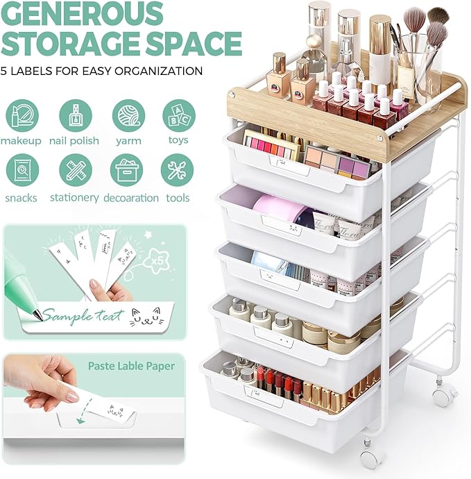 Rolling Storage Utility Cart With 5 Drawers,Craft Cart with Wheels,Makeup Organizer,Art Supply And Storage Wooden Tabletop,White