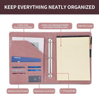 Geslun Vegan Leather 3 Ring Binder, 8.5 x 11 Letter Size Folio with Pen Holder, Soft Notebook Portfolio Cover, Slim Notepad Padfolio Thin File Organizer for Work Executive Meeting, Pink