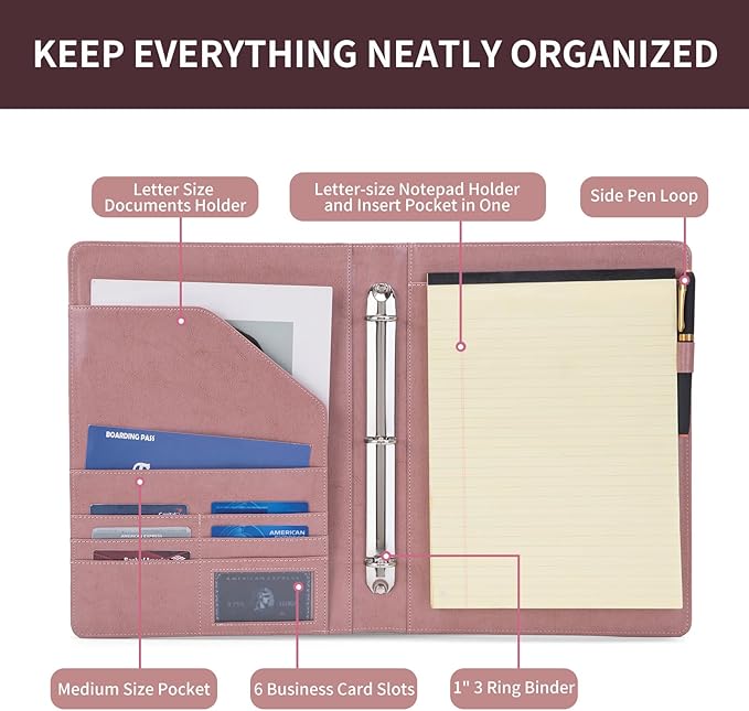 Geslun Vegan Leather 3 Ring Binder, 8.5 x 11 Letter Size Folio with Pen Holder, Soft Notebook Portfolio Cover, Slim Notepad Padfolio Thin File Organizer for Work Executive Meeting, Pink