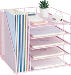 LEKETREE Desk Organizers and Accessories, 5-Tier Paper Letter Tray Organizer with File Holder, Desktop Organizer for Office Supplies (Pink)
