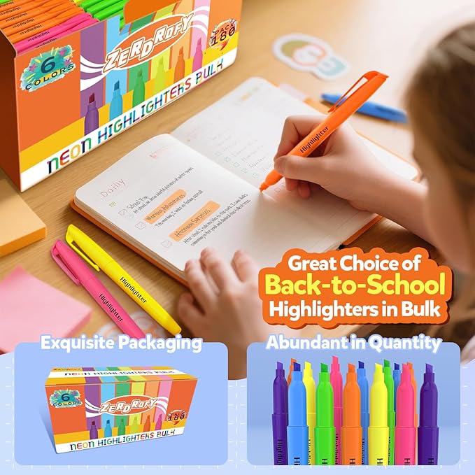 ZERDROFY 180 Count Highlighters Assorted Colors Bulk - No Bleed Dry-Quickly Chisel Tip 6 Colors Highlighter Markers Set for Kids Adults, Classroom Office Must Have, Back to School Supplies for Teacher