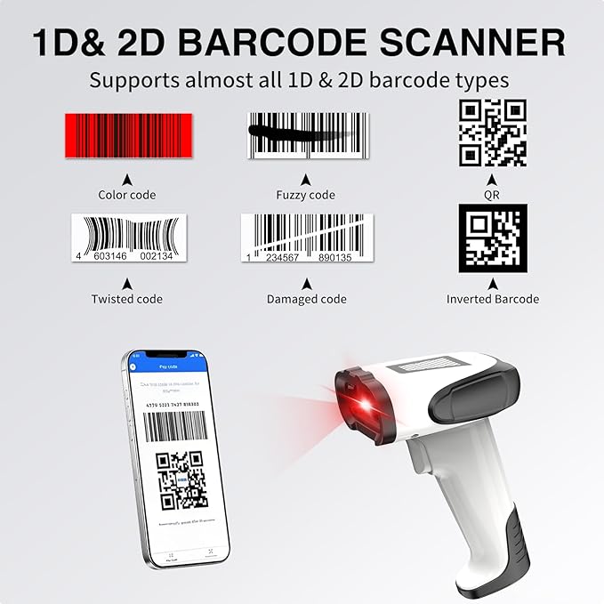 2D Handheld Wireless Barcode Scanner with Stand 3-in-1 Bluetooth bar Code Scanners - Cordless, Rechargeable 1D and 2D Barcode Scanner for Inventory - Wireless, Handheld, USB Bar Code/QR Code Scanner