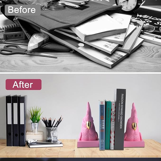 JOOMBE Pink Parrot Decorative Bookends,Set of 2 Cute Bird Animal Sculpture Book Ends to Hold Hevay Duty Books,Unique Resin Statues Book Stopper for Home Office Desk Bookshelf Decor