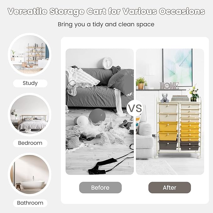COSTWAY 15 Drawer Rolling Storage Cart, Multipurpose Mobile Storage Organizer w/Removable Drawers & Metal Frame, Utility Tools Paper Organizer on Wheels for Home, Office (Yellow, Beige & Grey)