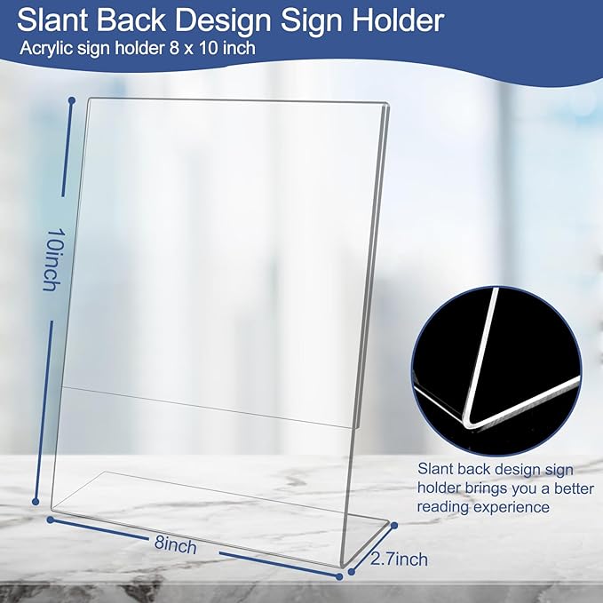 Wbtran Slanted Back Acrylic Sign Stands 8 x 10, Clear Tabletop Display, Plastic Paper Sign Holder for Office, Home, Restaurant (6 Pack)