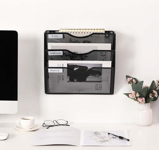 EasyPAG 3 Pocket Mesh Wall File Organizer, Hanging Paper Folder Holder with Classify Label, Vertical Wall Mount Mail Organizer for Office Home Classroom, Black