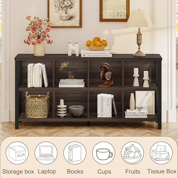 FATORRI 8 Cube Storage Organizer Bookshelf, 62 Inch Rustic Wood Horizontal Bookcase, Farmhouse Cube Long Book Shelf, TV Console Stand for Living Room (Dark Walnut)