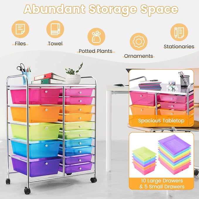 COSTWAY 15 Drawer Rolling Storage Cart, Multipurpose Mobile Storage Organizer w/Removable Drawers & Metal Frame, Utility Tools Paper Organizer on Wheels for Home, Office (Rainbow)
