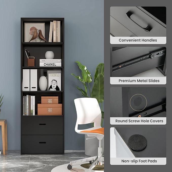 Tangkula 4 Shelf Bookcase with 2 Drawers, 74 Inch 4 Tiers Tall Open Bookshelf with 2 Slide-Out Drawers, Anti-toppling Device, Freestanding Wood Storage Shelf for Home Office (Black, 74" H)