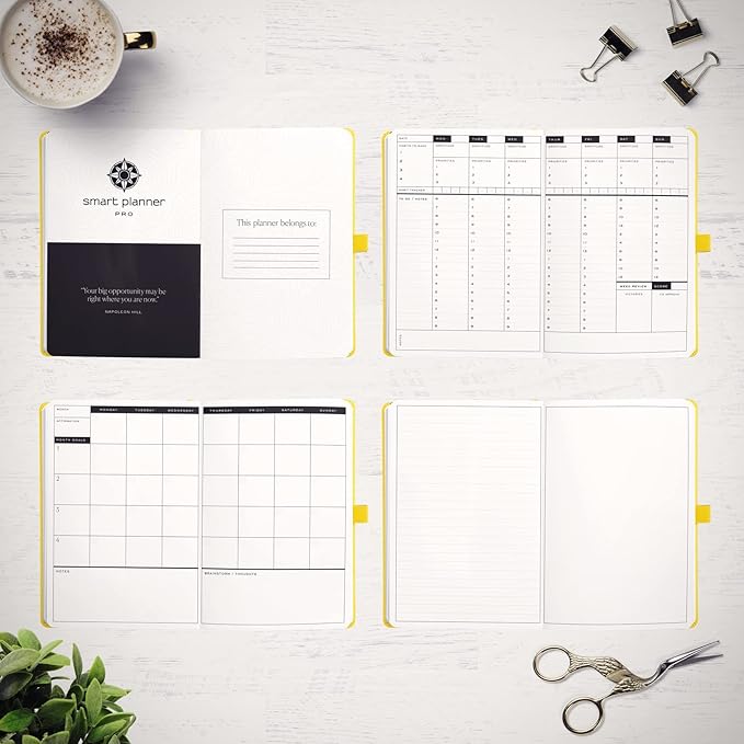 Smart Planner Pro – Undated Daily Planner – Small A5 – Achieve Goals & Increase Productivity – Weekly, Monthly, Work Sections, Organizer Diary with Back Pocket, 3 Satin Bookmarks & Pen Holder