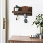 Lwenki Decorative Key Holder for Wall with Shelf, Entryway Shelf with Hooks Holds Leashes, Jackets and Glasses – Sturdy Wood Keyholder Entrance Hanger with Mounting Hardware (Brown, Medium)
