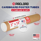 Paclord 3" x 18" Heavy-Duty Reinforced Cardboard Mailing Tube, Pack of 8 Tubes with 16 Caps – Secure USPS Approved – Great for Shipping and Storing of Prints, Artwork, Posters or Documents