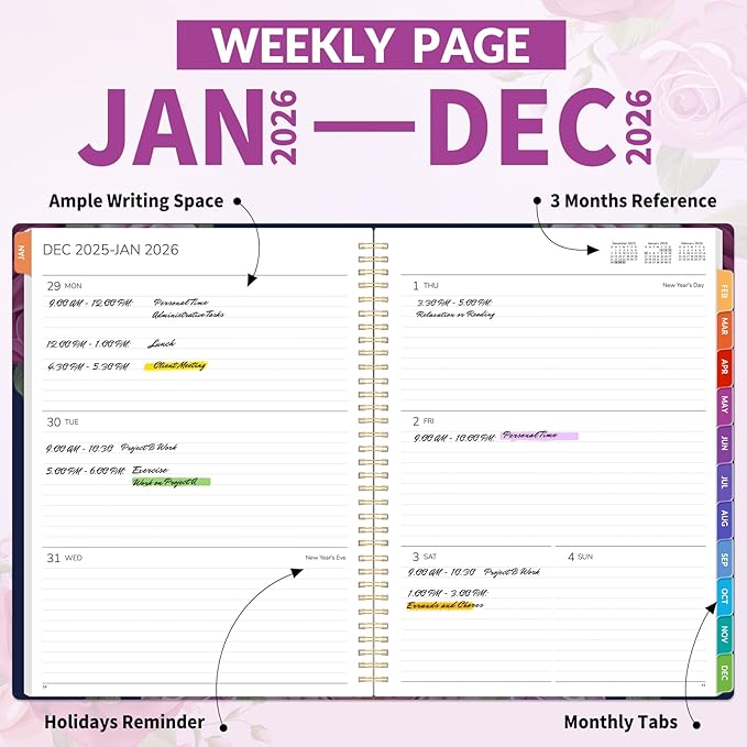 GNL 2026 Planner, Weekly and Monthly Planner January - December 2026, 8.5" x 11" Monthly Planner with Waterproof Flexible Cover, Spiral Binding Notebook with Colorful Tab, Pockets, Bookmark, Rose