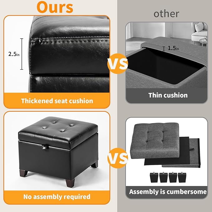 Asense 17 Inch Storage Ottoman Foot Rest,Square Faux Leather Foot Stool,Small Ottoman with Storage,Padded Seat for Entryway,Living Room,Bedroom,Couch,Under Desk,Black