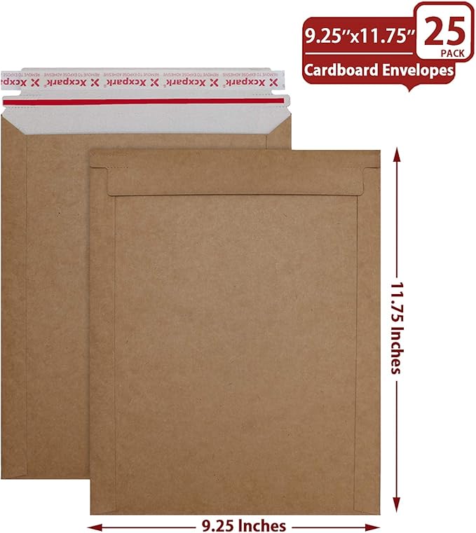 Xxcxpark 25 Pack kraft brown Rigid Mailers 9.25 x 11.75 inches, Self Seal Photo Document Mailers Premium Cardboard Keep Flat Envelopes for Photos, Pictures, Papers, Files, CD