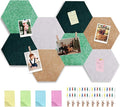 Vuzvuv 8 Pcs Hexagon Bulletin Board with 50 Pushpins & 10 Wooden Clip Pins Adhesive Cork Board for Wall，Felt Pin Board for School，Office Decor（Green Brown）