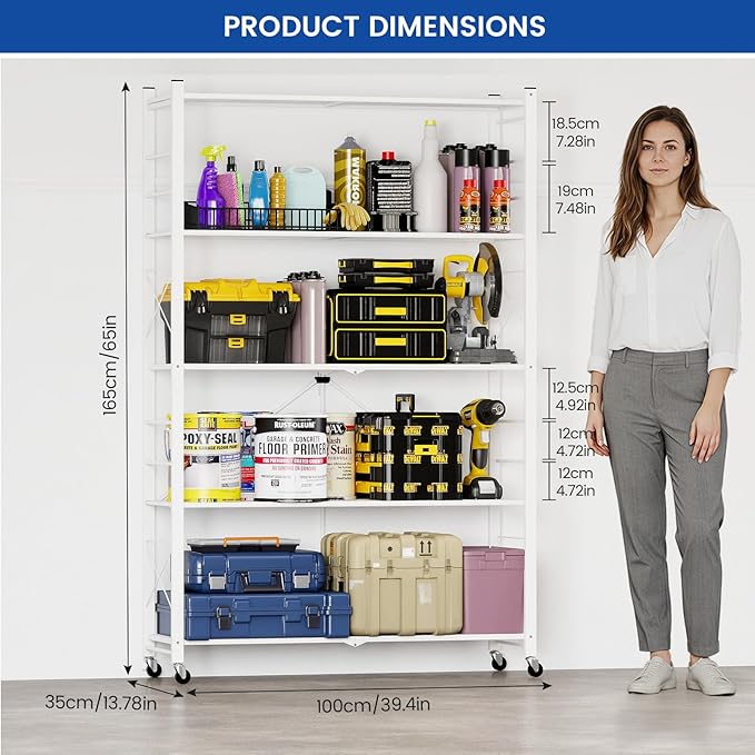 ALANNG 40" W Foldable 5-Tier Storage Shelves with Wheels, Adjustable & Removable Metal Rack, Heavy Duty Rolling Organizer for Kitchen, Garage, Closet, Pantry, and Office (White,4 Pack)