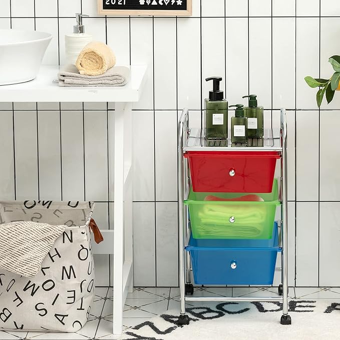 Giantex Rolling Cart with Drawers, Craft Organizer with Wheels, 3 Drawer Storage Container Bins for Back to School Office Scrapbook Paper Tools Multicolor