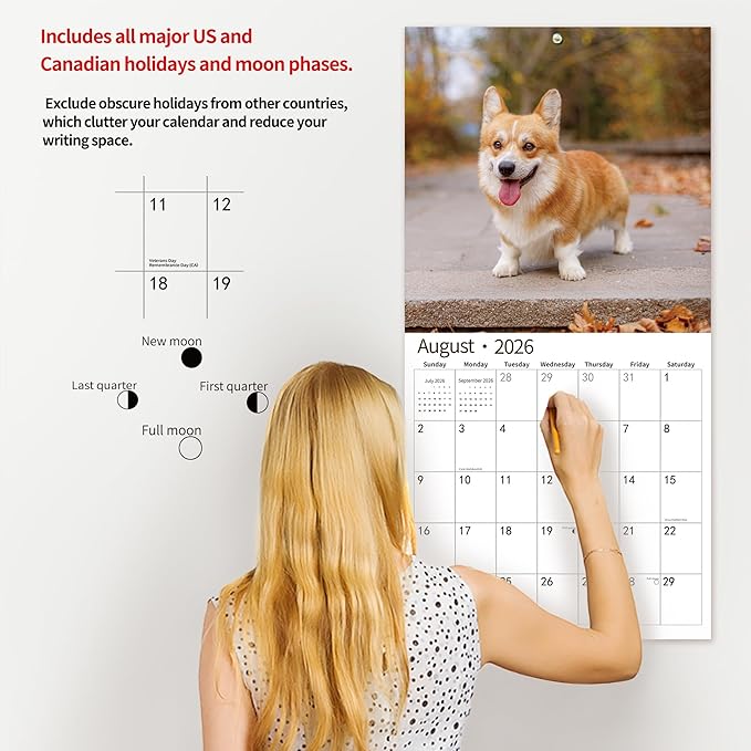 2026 Wall Calendar, November 2025 - December 2026, Wall Calendar Corgis, 12" x 24" Opened,Full Page Months Thick & Sturdy Paper for Calendar Organizing & Planning