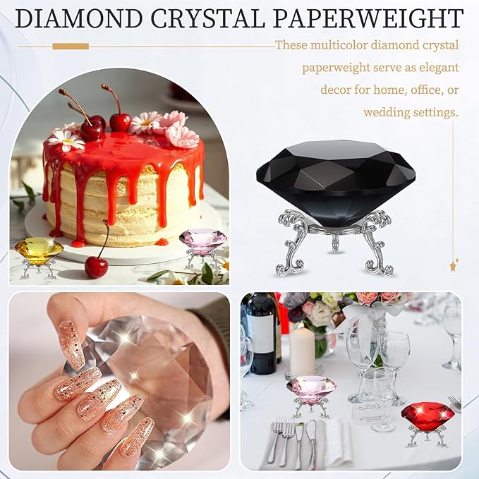 PATIKIL Diamond Crystal Paperweight, 100mm / 3.94" Crystal Paperweight Paper Weight with Silver 25 Metal Base for Home Office Desktop Table Decor Wedding Party Ornaments, Black