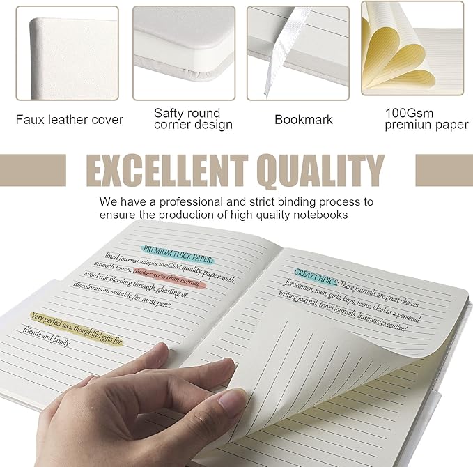 EMOMAS Lined Journal Notebook, 6Pack Hardcover Notebook for Men & Women – Journals for Writing, Work, School, Home & Daily Notes, 160 Pages – Medium A5, 5.7"x8", 100 gsm Thick Paper (White)