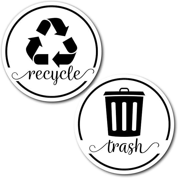 Strong Trash and Recycle Magnets, 3.5" Recycle Magnet for Trash Can, Magnetic Recycling Stickers for Kitchen Garbage Can and Recycling Bins with 4 Adhesive Stickers, Made in USA, White 2 Pcs