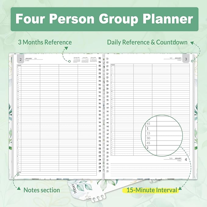 SUNEE 2026 Daily Planner,4-Person Group Appointment Book with Quarter-Hourly Layout. Weekly & One-Page-Per-Day Format, Jan to Dec 2026, 8.5"x11",Weekly Planner, Flexible Cover, Note Pages, Bookmark, Black,Greenery