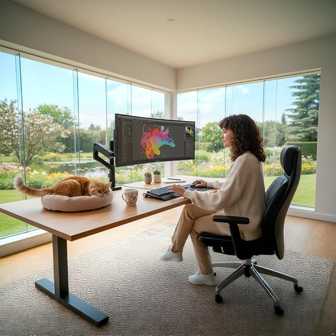 ARES WING Heavy Duty Monitor Arm with USB A/C, Tall Ultrawide Monitor Arm for 17 to 49 Inch Screen, Holds 44 Lbs, Adjustable Gas Spring Desk Mount, Black