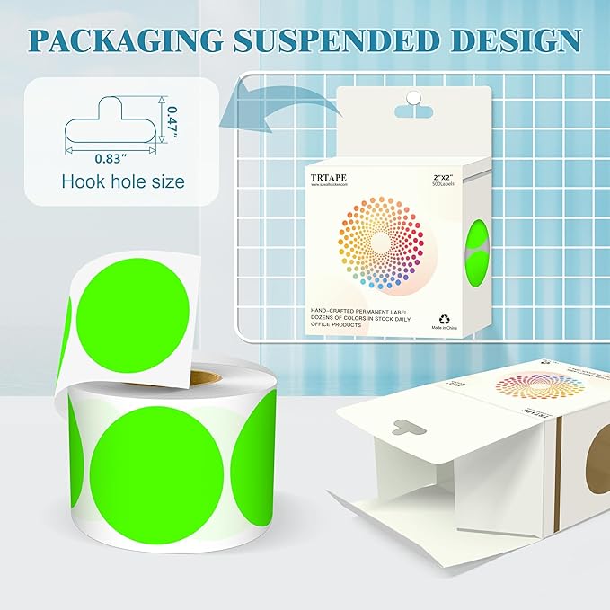 2 Inch Round Color Coding Labels (500 Count) - Fluorescent Green Dot Stickers Circle Labels with Dispenser Box for Warehouse, Filing, Industrial, Office Organization