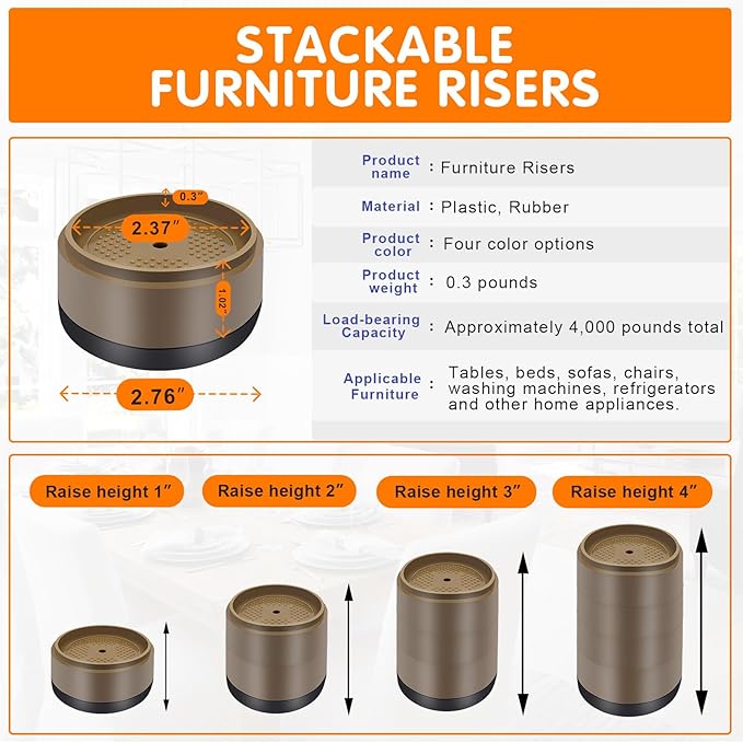 Furniture Risers Bed Risers Heavy Duty 1 inch, 2 inch, 3 inch, 4 inch Round Adjustable Bed Lifts Riser for Desk Legs Table Couch Sofa Chair Refrigerator Washing Machine (1 Inch, Brown, 12 Pack )