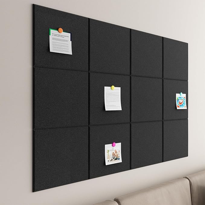 Baysola Large Cork Boards for Walls – 48" x 36" Self Adhesive Felt Wall Tiles, Ideal for Office Black Bulletin Board, Easy to Install Pin Board Photo Dart Board Wall Protectors
