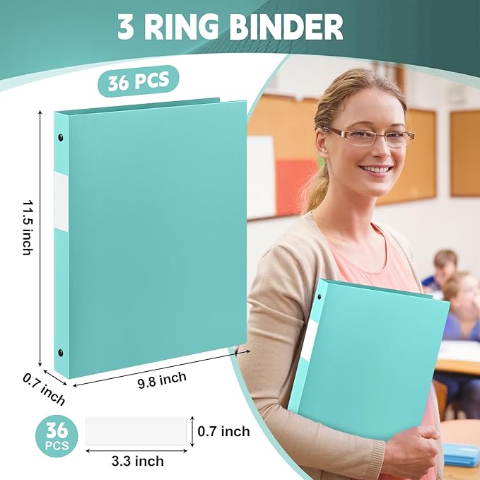 Henoyso 36 Pcs 3 Ring Binder 0.5 Inch Round Fits Letter Size 8.5'' x 11'' Paper Plastic Flexible Binder Bulk Holds 140 Sheets with 1 Pockets Versatile Organizer for Home Office School (Mint Green)