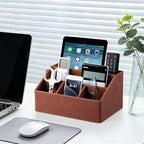 Cretkhp Remote Control Holder with 5 Compartments for Office Art Supplies, PU Leather Nightstand Organizer Pencil Pen Desk Caddy for Home, Desktop TV Remote Control Organizer Storage (Brown)
