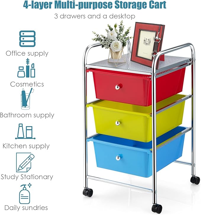 Giantex Rolling Cart with Drawers, Craft Organizer with Wheels, 3 Drawer Storage Container Bins for Back to School Office Scrapbook Paper Tools Red, Green & Blue