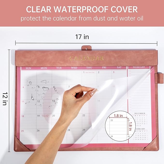 Yoment Desk Calendar 2026-2027, Jan 2026-Dec 2027, Large Desk Calendar with To-Do Lists, 24 Months Leather Desk Pad Wall Calendar with PVC Cover for Work Office School Home Women Men, 17 x 12, Pink
