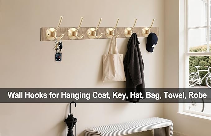 TOFIIGREM Gold Wall Hooks, 5 Pack Coat Robe Hook Heavy Duty Metal Double Bath Hook Wall Mounted, Hand Towel Hooks for Cubicle Bathroom Kitchen Closet Garage