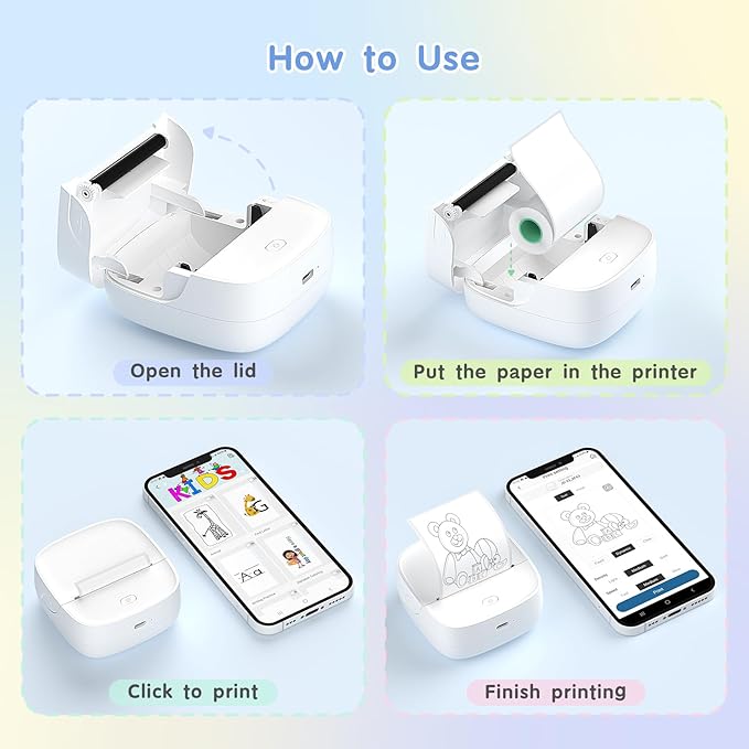 Gloryang JD-23 Sticker Printer, Mini Portable Thermal Printer Print Pod, Inkless Bluetooth Label Maker with Smart App for Phone & Tablet for Office & Home Use, 2 Rolls Sticker Paper, White