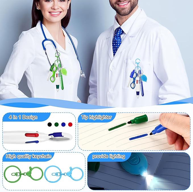 12 pcs Nurse Pen Set Two Colors Blue Green Include Permanent Marker Pen Pen Lights for Nurses Retractable Ballpoint Pen Nursing Keychain Clip Foldable Scissors LED Flashlight Keychain for Nurses