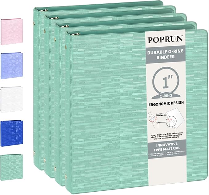 POPRUN 3 Ring Binder 1 Inch, PVC-Free, Holds 175 Sheets of 8.5 x 11 Paper, Extra Durable Organizer with 2 Pockets for School & Office, Heavy-Duty, 4 Pack, Midnight Green