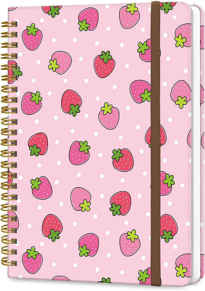 DHGPTS Spiral Journal Notebook, A5 Cute Notebooks for Women Men, College Ruled Hardcover Notebook for Work & Note Taking, 60 Pages Double-Wire Journals for Writing, Cute Strawberry