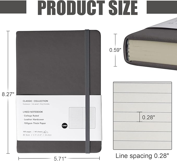EMOMAS Lined Journal Notebook – Hardcover Notebook for Men & Women – Journals for Writing, Work, School, Home & Daily Notes, 160 Pages – Medium A5, 5.7"x8", 100 gsm Thick Paper (Dark Gray)